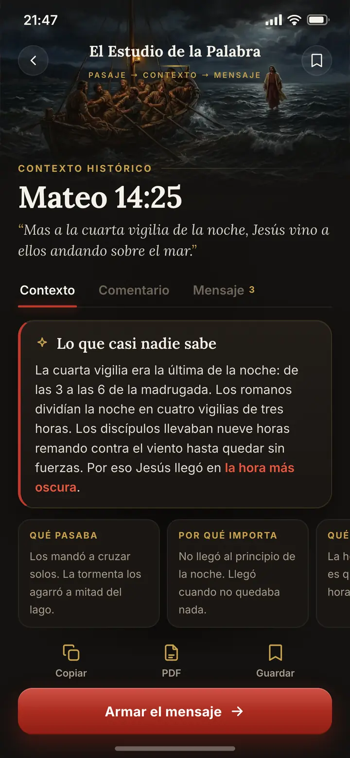 La app mostrando Mateo 14:25: la cuarta vigilia, la hora más oscura
