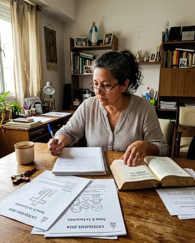 Maestra con las hojas de la lección sobre la mesa