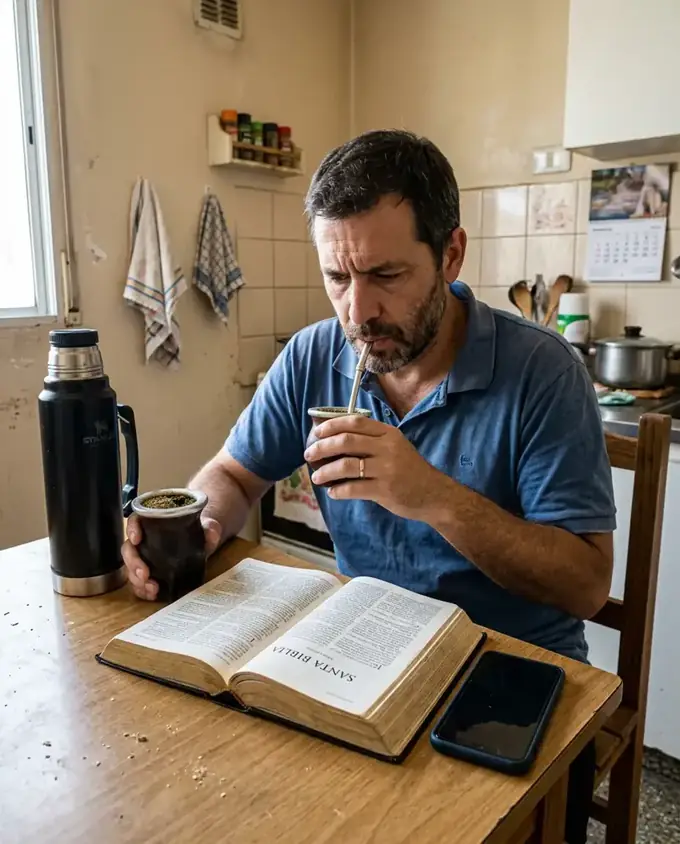 Biblia abierta y celular al lado, mesa de cocina, luz de mañana