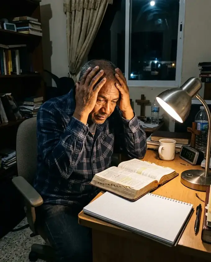 Pastor con Biblia abierta y cuaderno, lámpara, de noche