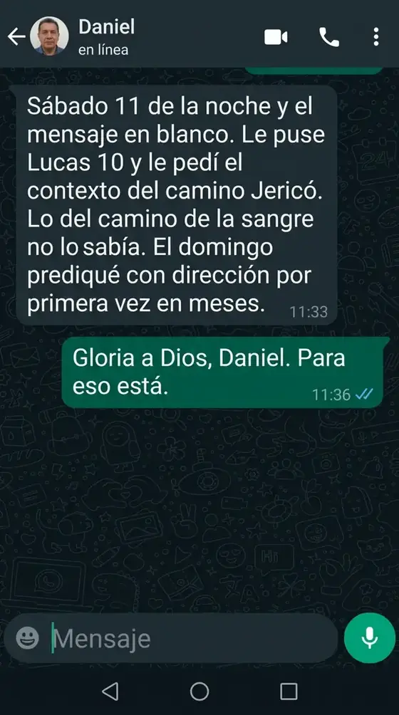 Captura de WhatsApp. Daniel, Puebla: predicó Lucas 10 con el contexto del camino a Jericó