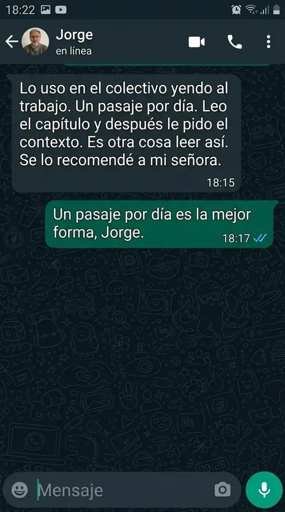Captura de WhatsApp. Jorge, Quilmes: un pasaje por día en el colectivo