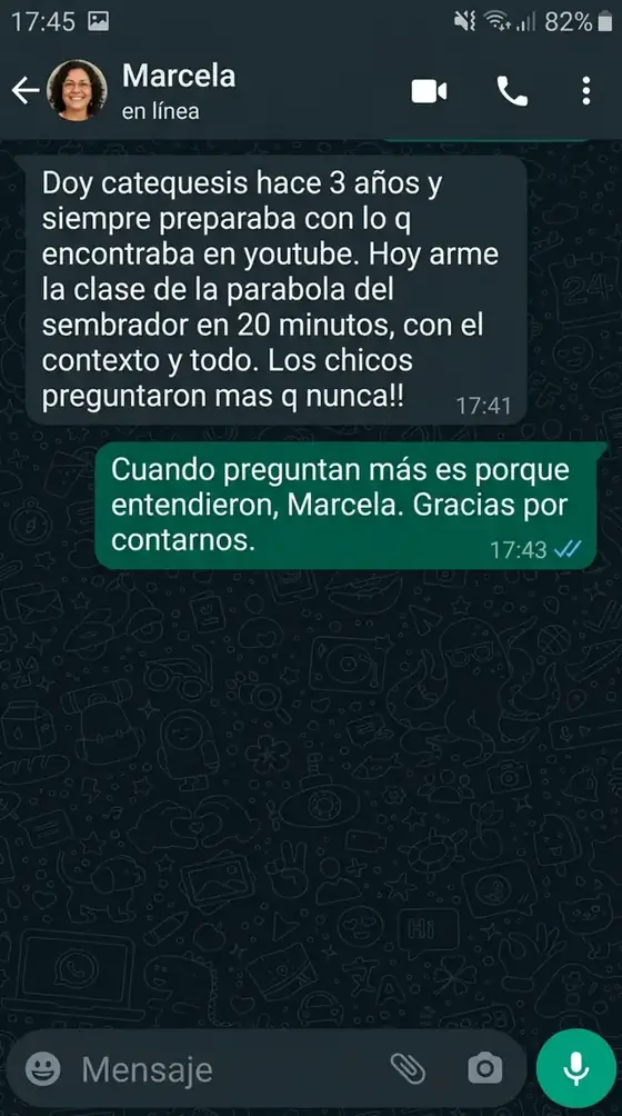 Captura de WhatsApp. Marcela, Córdoba: armó la clase de la parábola del sembrador en 20 minutos