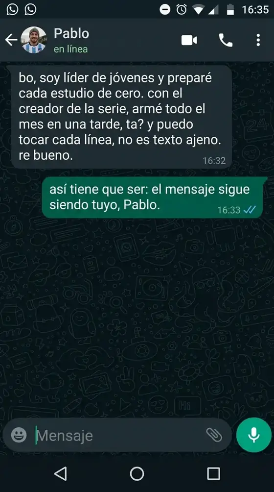 Captura de WhatsApp. Pablo, Montevideo: armó el mes de estudios con el creador de series