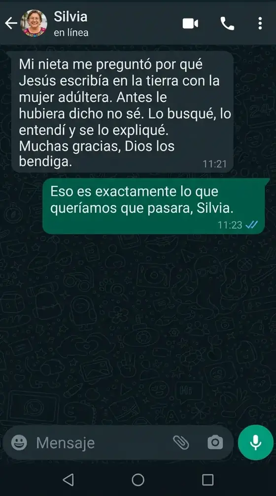 Captura de WhatsApp. Silvia, Guadalajara: le explicó a su nieta por qué Jesús escribía en la tierra